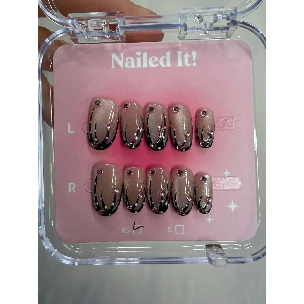Nailed It! Press On Nails Size S Cat Eye Black French Tip Pink Rhinestone Almond